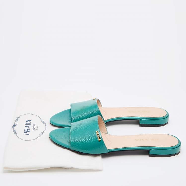 Pre Owned Prada Green Vernice Saffiano Leather Flat Slides Size 37.5