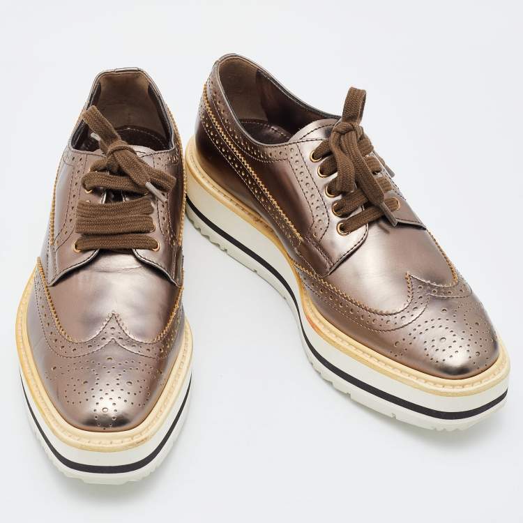 Pre Owned Prada Metallic Brogue Leather Wave Wingtip Platform Derby Sneakers Size 36