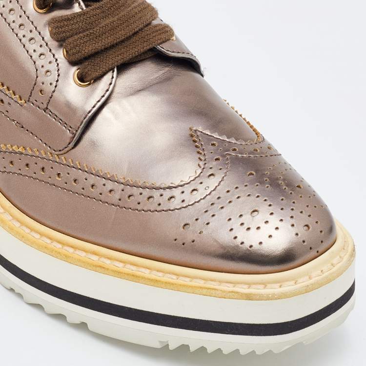 Pre Owned Prada Metallic Brogue Leather Wave Wingtip Platform Derby Sneakers Size 36