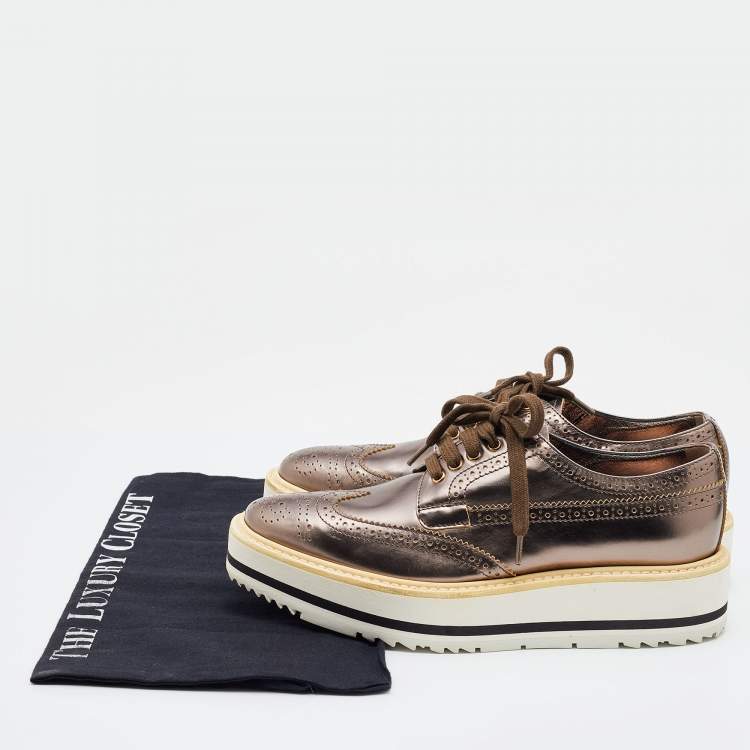 Pre Owned Prada Metallic Brogue Leather Wave Wingtip Platform Derby Sneakers Size 36