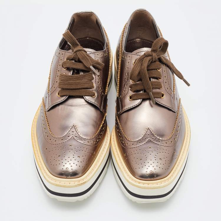 Pre Owned Prada Metallic Brogue Leather Wave Wingtip Platform Derby Sneakers Size 36