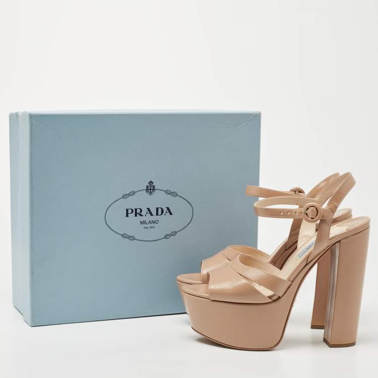 Pre Owned Prada Beige Patent Leather Ankle Strap Sandals Size 37.5