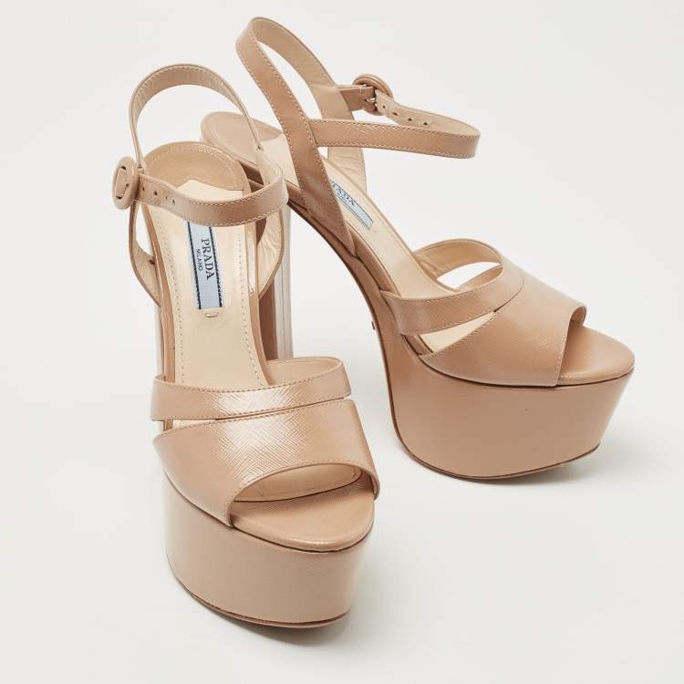 Pre Owned Prada Beige Patent Leather Ankle Strap Sandals Size 37.5