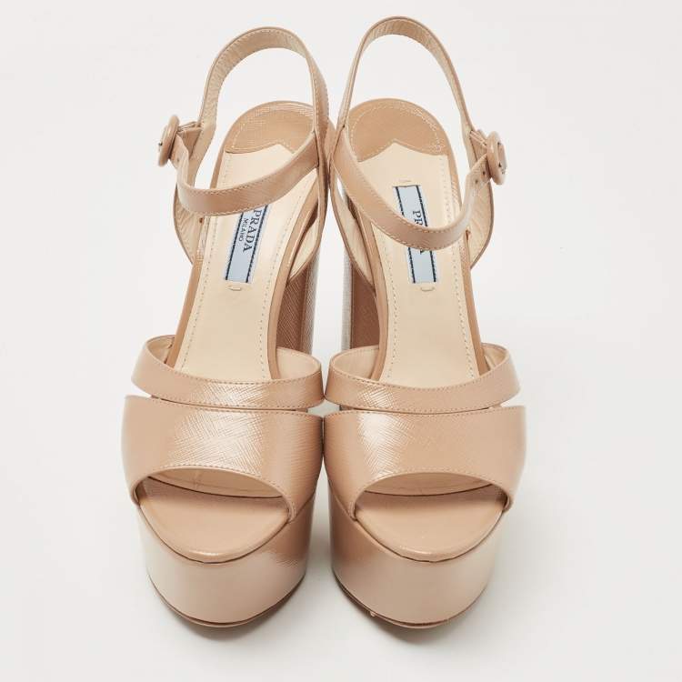 Pre Owned Prada Beige Patent Leather Ankle Strap Sandals Size 37.5