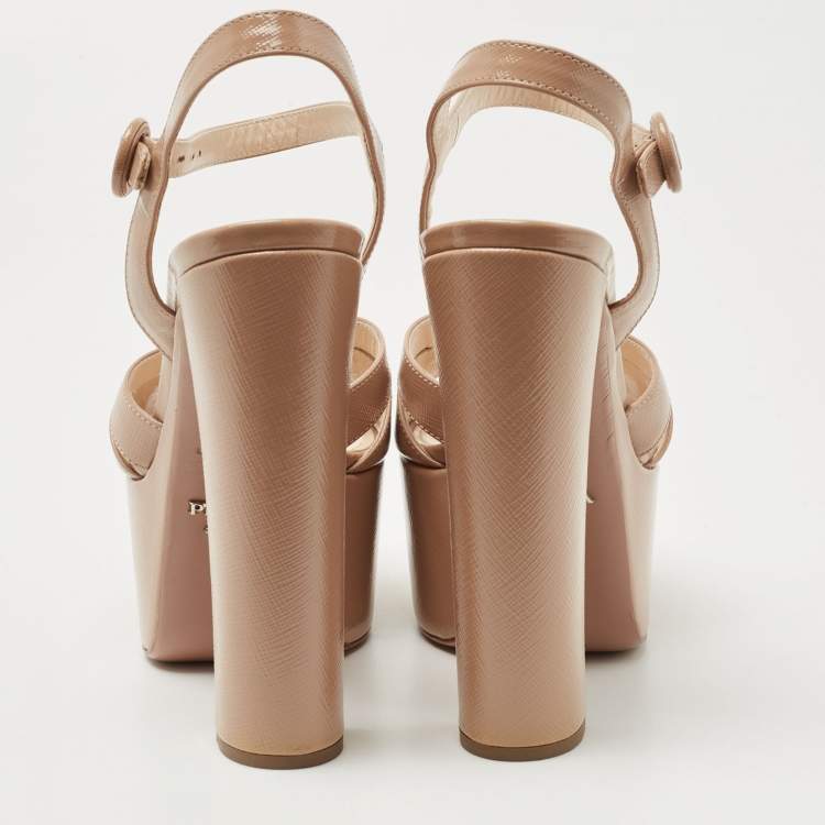 Pre Owned Prada Beige Patent Leather Ankle Strap Sandals Size 37.5