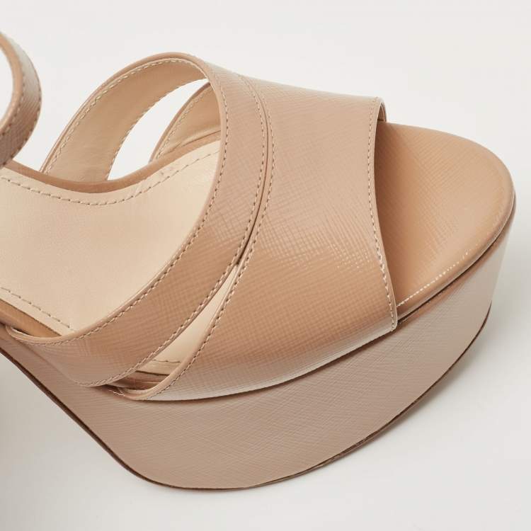Pre Owned Prada Beige Patent Leather Ankle Strap Sandals Size 37.5