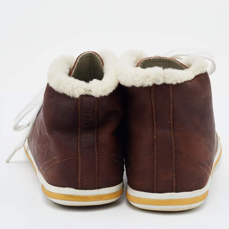 Pre Owned Prada Brown/White Nubuck Leather and Shearling Fur Lace Up Sneakers Size 39