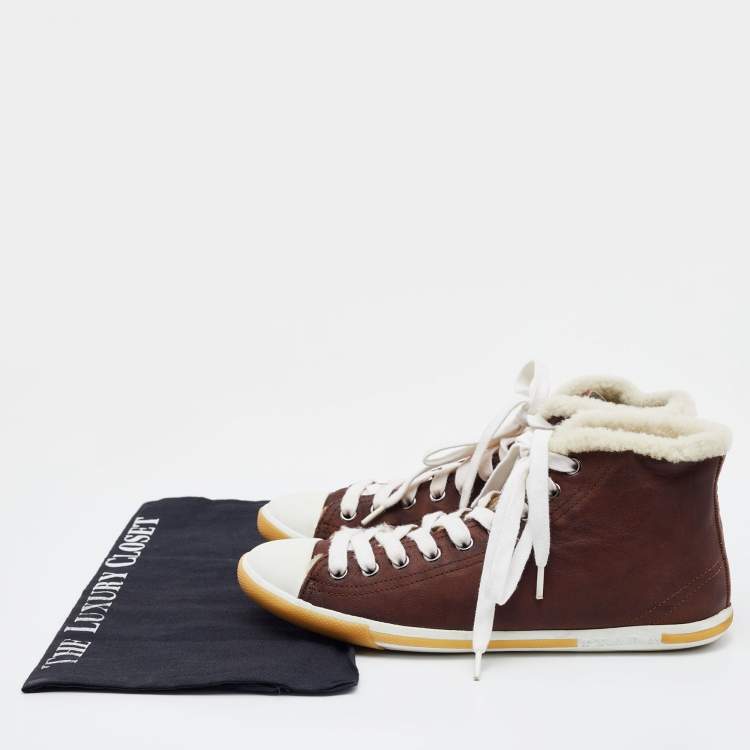Pre Owned Prada Brown/White Nubuck Leather and Shearling Fur Lace Up Sneakers Size 39