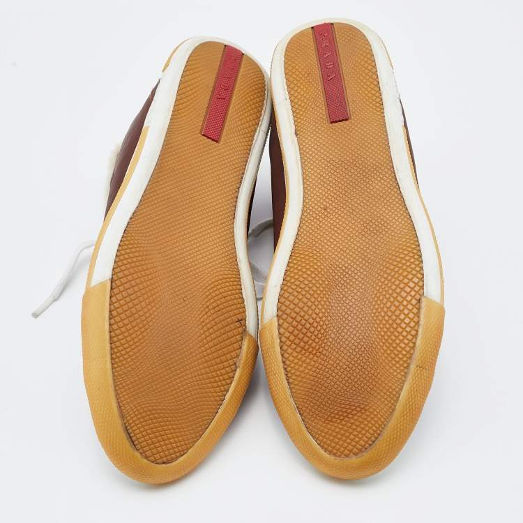 Pre Owned Prada Brown/White Nubuck Leather and Shearling Fur Lace Up Sneakers Size 39