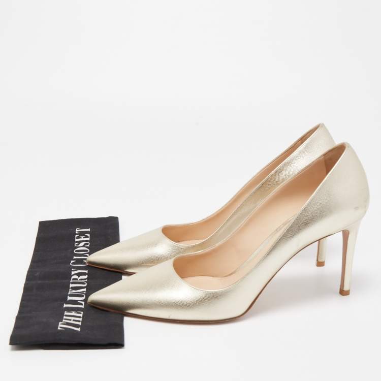 Pre Owned Prada Gold Textured Leather Pointed Toe Pumps Size 40