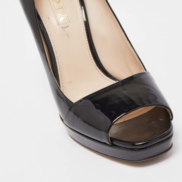 Pre Owned Prada Black Patent Leather Open Toe Platform Pumps Size 39