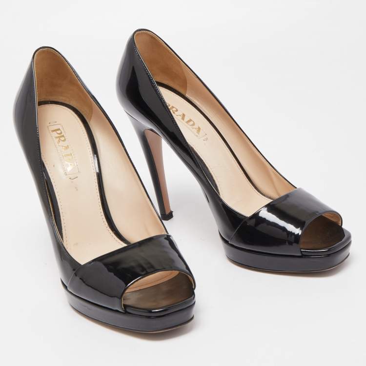 Pre Owned Prada Black Patent Leather Open Toe Platform Pumps Size 39