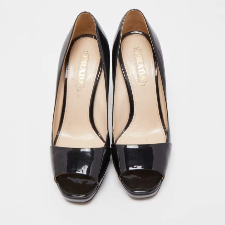 Pre Owned Prada Black Patent Leather Open Toe Platform Pumps Size 39