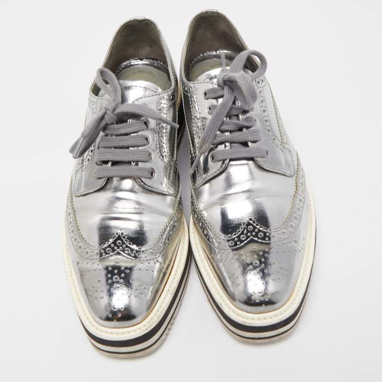 Pre Owned Prada Metallic Grey Brogue Leather Platform Lace Up Derby Size 38
