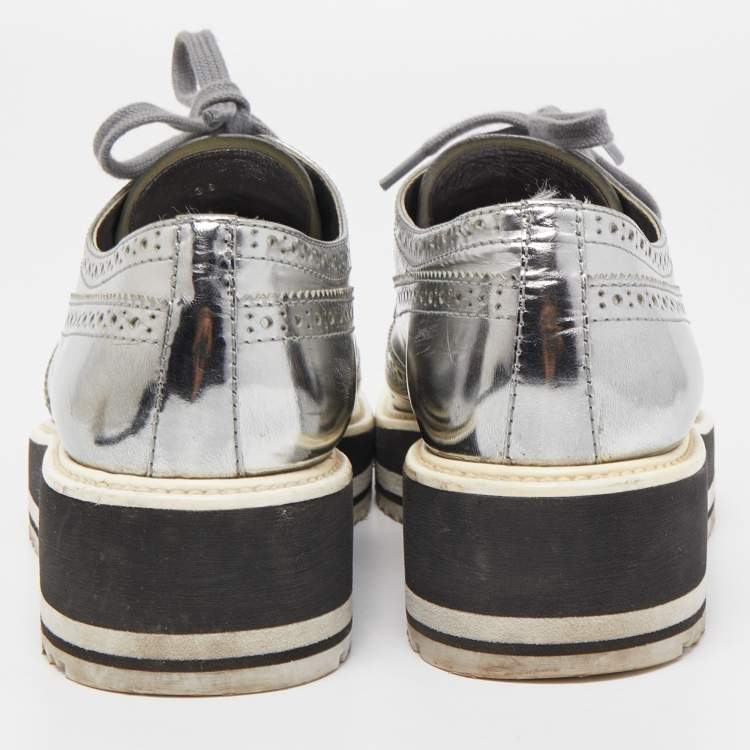 Pre Owned Prada Metallic Grey Brogue Leather Platform Lace Up Derby Size 38
