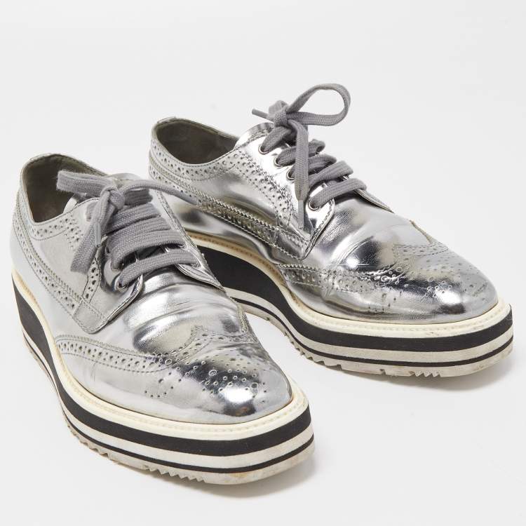 Pre Owned Prada Metallic Grey Brogue Leather Platform Lace Up Derby Size 38