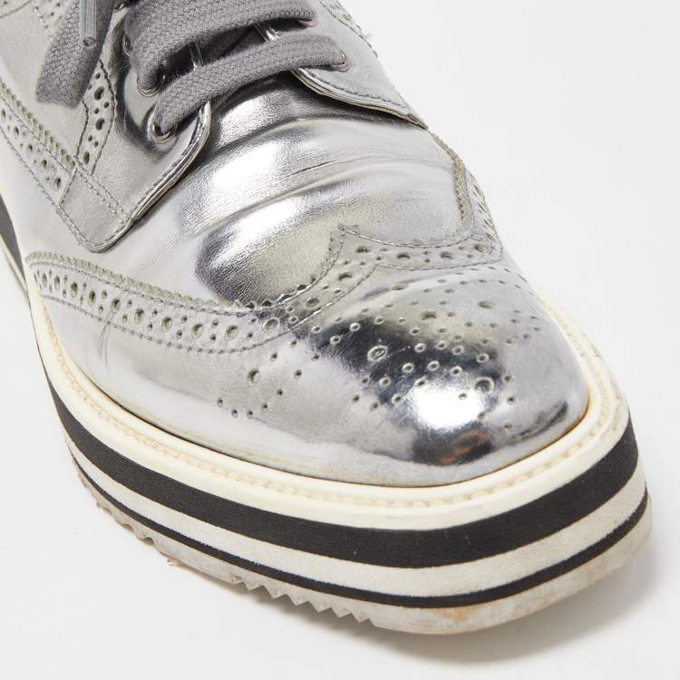 Pre Owned Prada Metallic Grey Brogue Leather Platform Lace Up Derby Size 38
