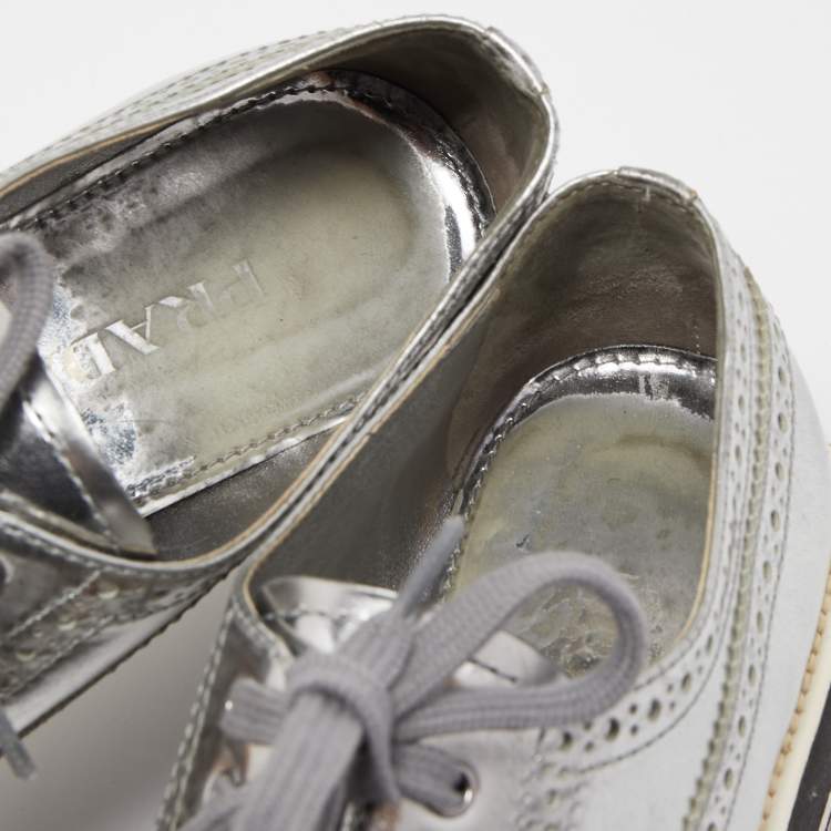 Pre Owned Prada Metallic Grey Brogue Leather Platform Lace Up Derby Size 38
