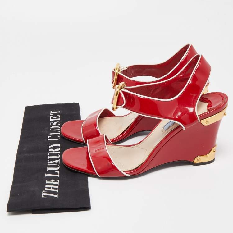 Pre Owned Prada Red Patent Leather Ankle Strap Wedge Sandals Size 38