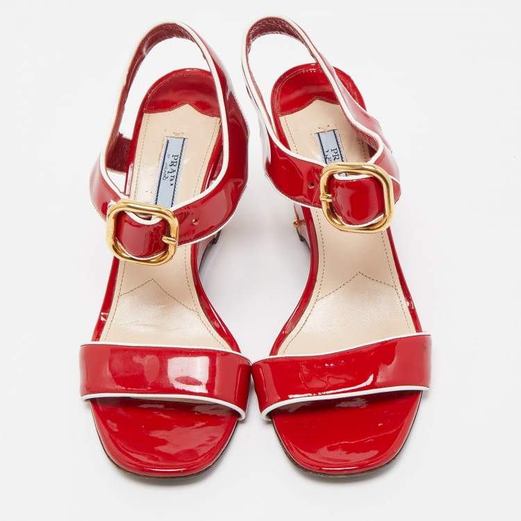 Pre Owned Prada Red Patent Leather Ankle Strap Wedge Sandals Size 38
