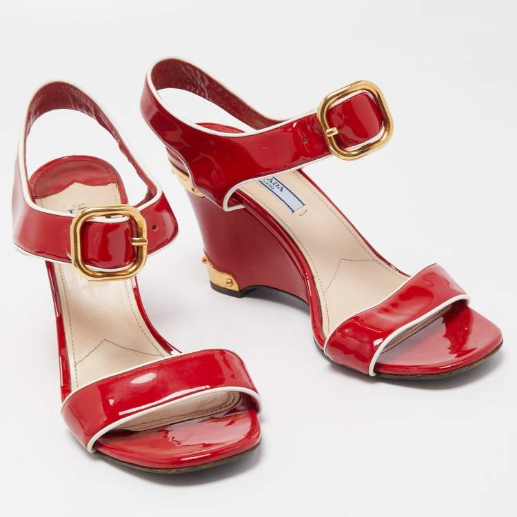 Pre Owned Prada Red Patent Leather Ankle Strap Wedge Sandals Size 38
