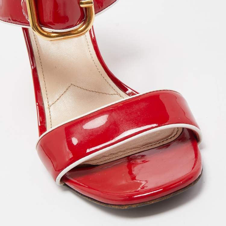 Pre Owned Prada Red Patent Leather Ankle Strap Wedge Sandals Size 38