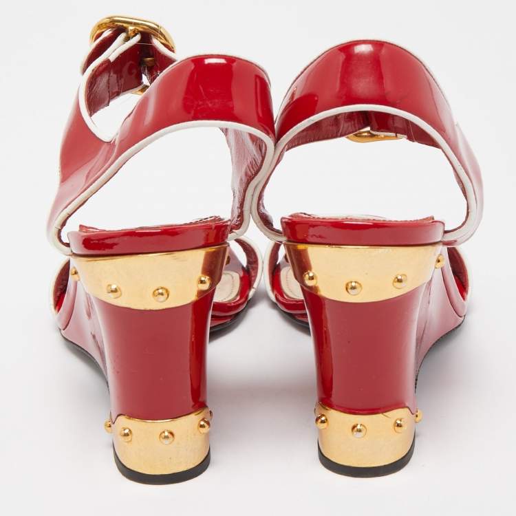 Pre Owned Prada Red Patent Leather Ankle Strap Wedge Sandals Size 38