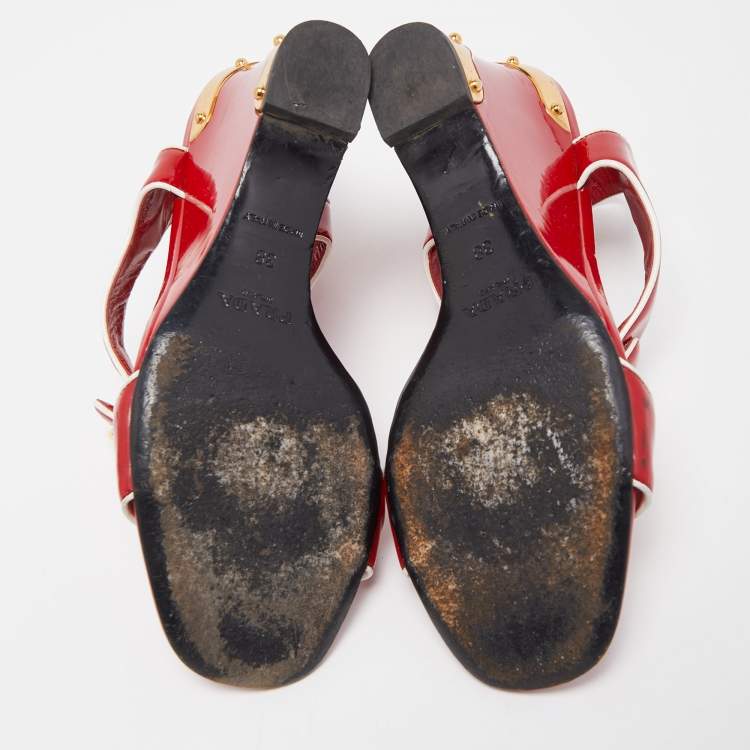 Pre Owned Prada Red Patent Leather Ankle Strap Wedge Sandals Size 38