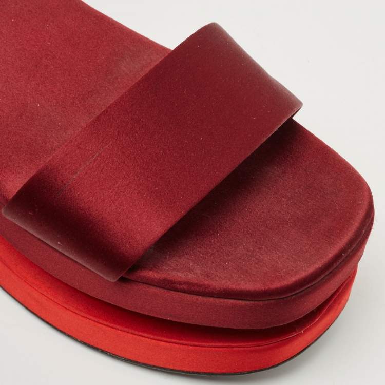 Pre Owned Prada TriColor Satin Merlot and Poppy Dual Platform Ankle Strap Sandals Size 39