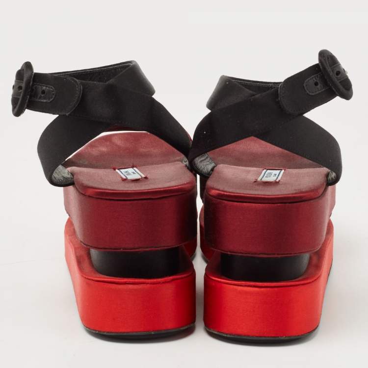 Pre Owned Prada TriColor Satin Merlot and Poppy Dual Platform Ankle Strap Sandals Size 39