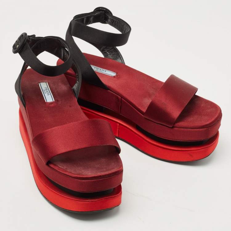 Pre Owned Prada TriColor Satin Merlot and Poppy Dual Platform Ankle Strap Sandals Size 39