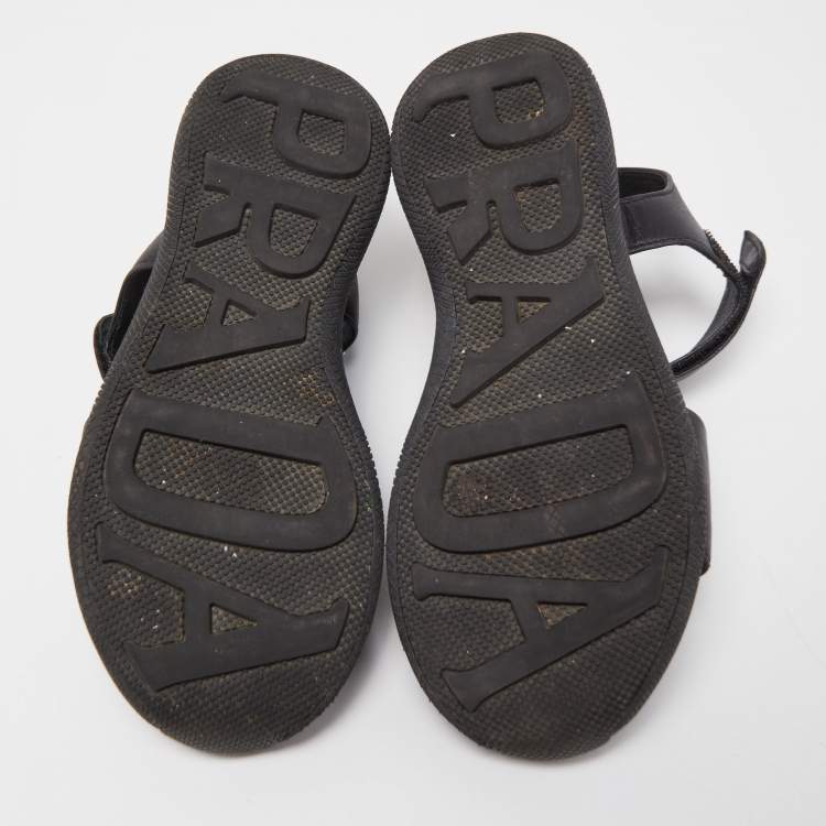Pre Owned Prada Black Leather Ankle Strap Flat Sandals Size 37.5