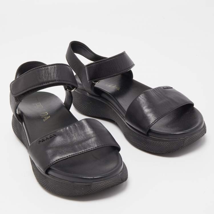 Pre Owned Prada Black Leather Ankle Strap Flat Sandals Size 37.5