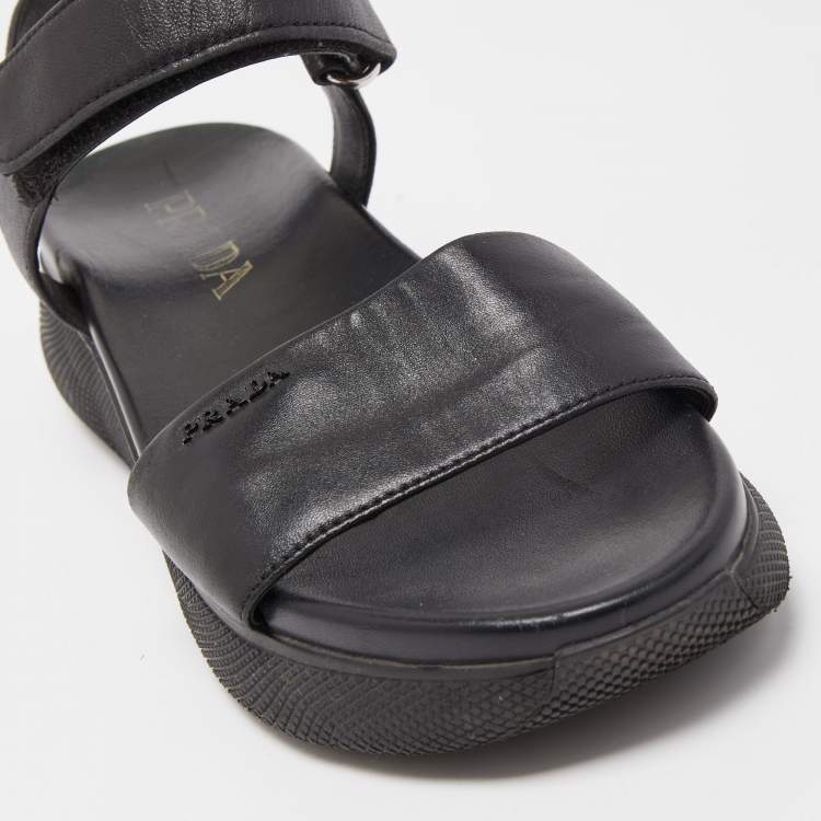 Pre Owned Prada Black Leather Ankle Strap Flat Sandals Size 37.5