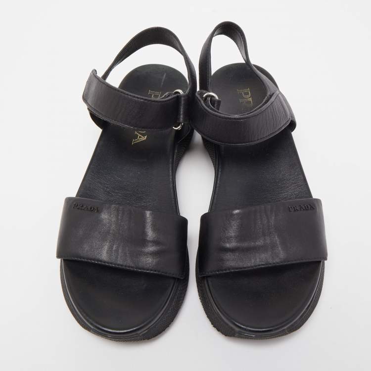 Pre Owned Prada Black Leather Ankle Strap Flat Sandals Size 37.5