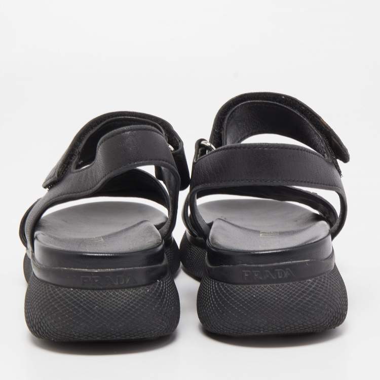 Pre Owned Prada Black Leather Ankle Strap Flat Sandals Size 37.5