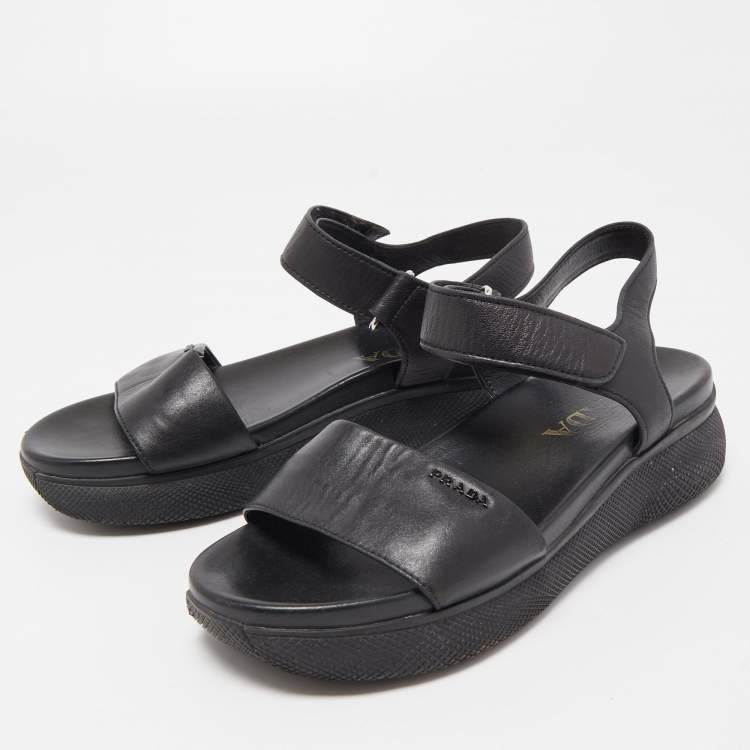 Pre Owned Prada Black Leather Ankle Strap Flat Sandals Size 37.5