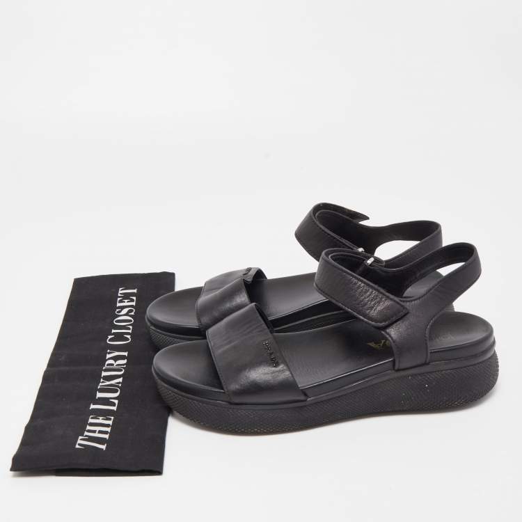 Pre Owned Prada Black Leather Ankle Strap Flat Sandals Size 37.5