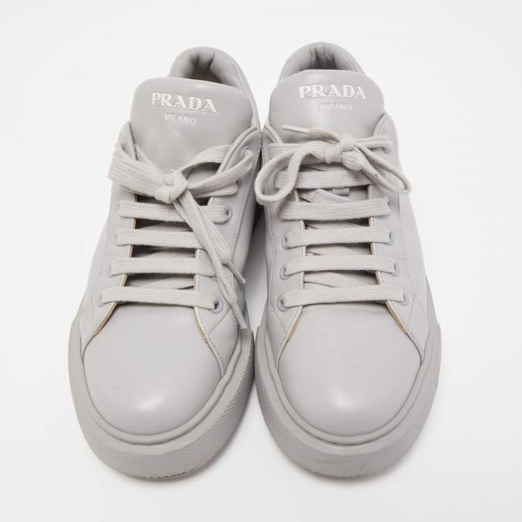 Pre Owned Prada Grey Leather Low Top Sneakers Size 38.5