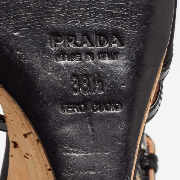 Pre Owned Prada Black Satin and Patent Leather Ankle Strap Cork Wedge Sandals Size 38.5