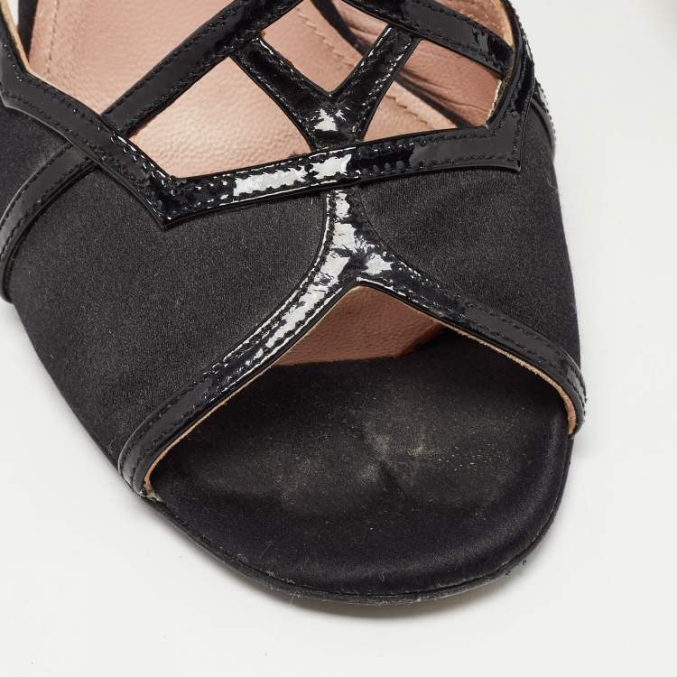 Pre Owned Prada Black Satin and Patent Leather Ankle Strap Cork Wedge Sandals Size 38.5