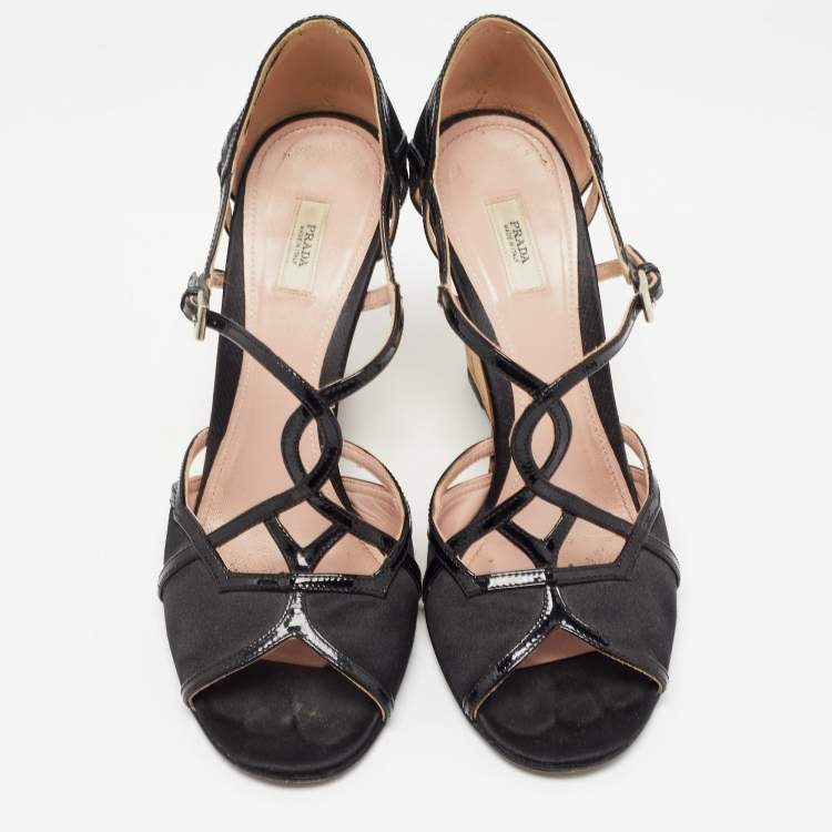 Pre Owned Prada Black Satin and Patent Leather Ankle Strap Cork Wedge Sandals Size 38.5