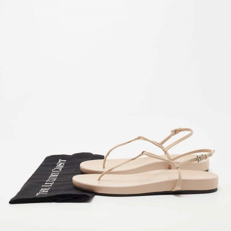 Pre Owned Prada Beige Patent T strap Flat Sandals Size 38