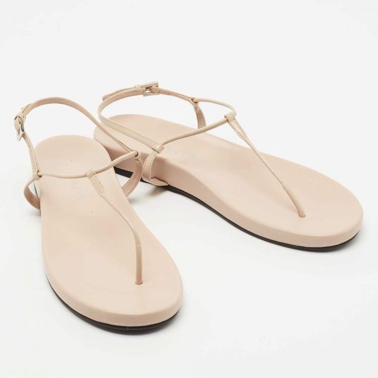 Pre Owned Prada Beige Patent T strap Flat Sandals Size 38