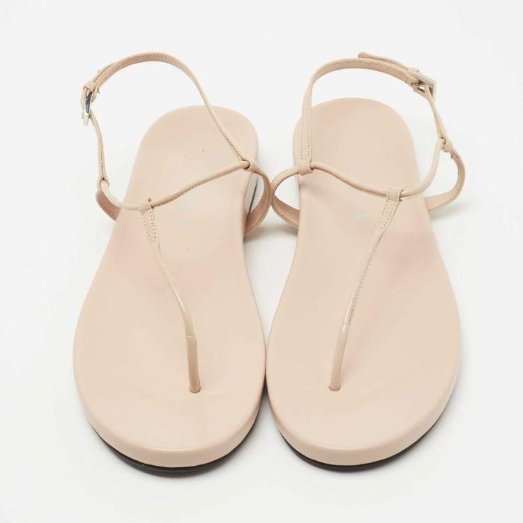Pre Owned Prada Beige Patent T strap Flat Sandals Size 38