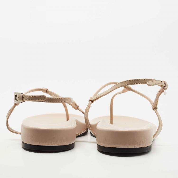 Pre Owned Prada Beige Patent T strap Flat Sandals Size 38