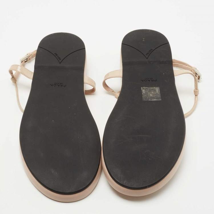 Pre Owned Prada Beige Patent T strap Flat Sandals Size 38