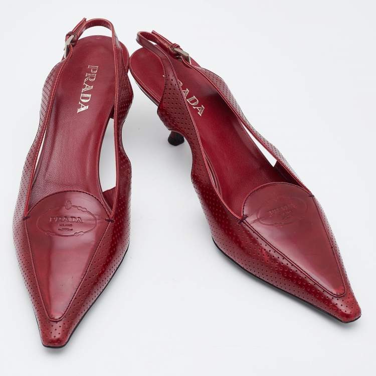Pre Owned Prada Red Perforated Leather Pointed Toe Slingback Pumps Size 37.5