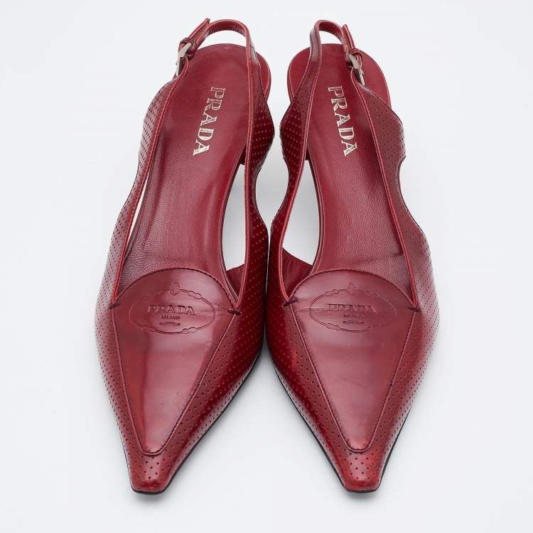 Pre Owned Prada Red Perforated Leather Pointed Toe Slingback Pumps Size 37.5