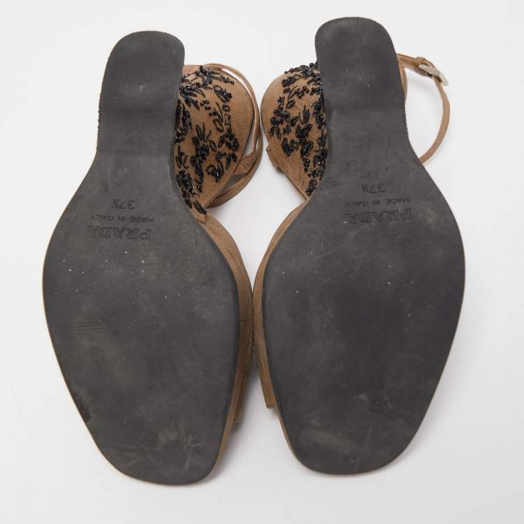 Pre Owned Prada Brown Nubuck Leather Embellished Wedge Ankle Strap Sandals Size 37.5